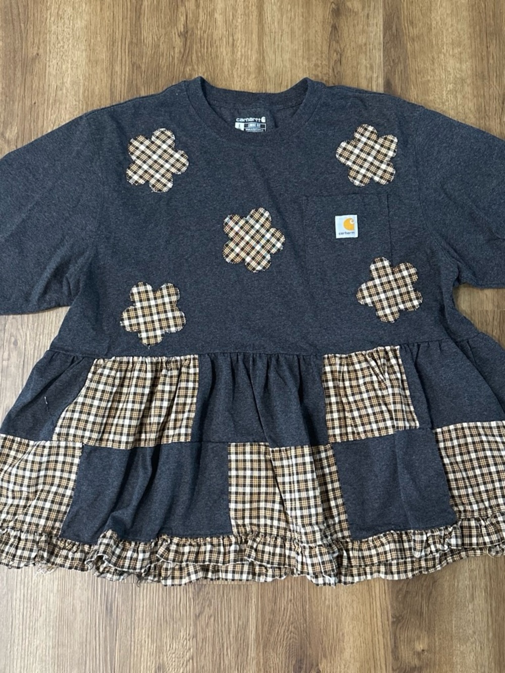 Grey Carhartt Babydoll Tee with Black and Brown Plaid Appliqués